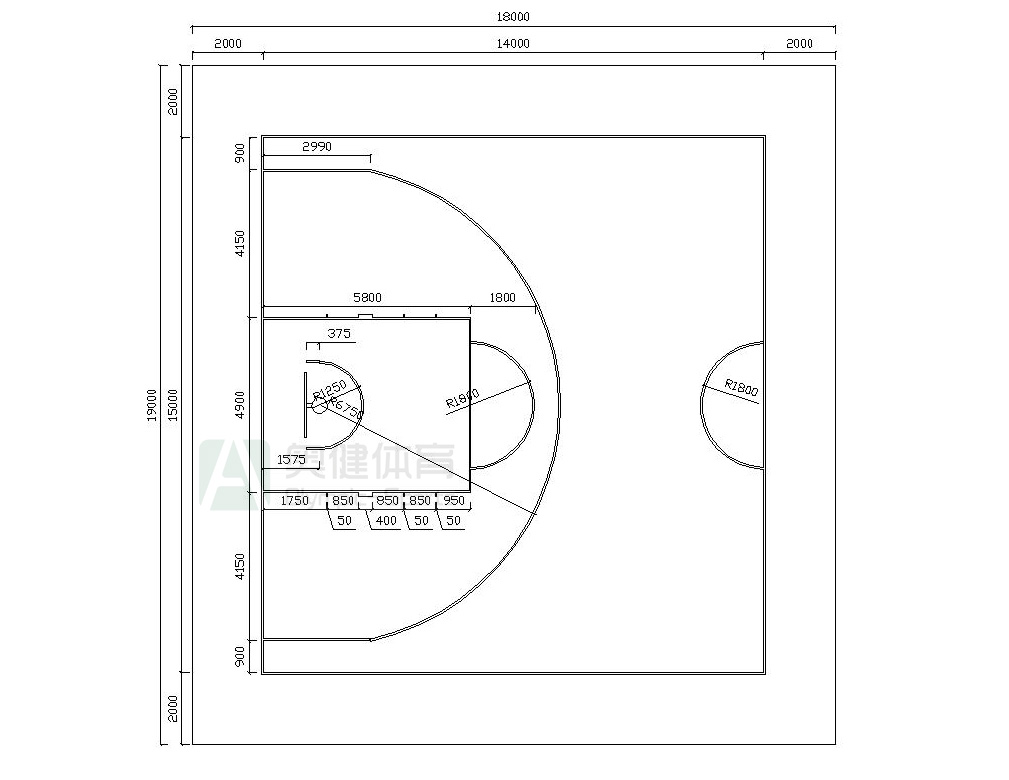 篮球场标准尺寸图示半场篮球场尺寸长度14米,宽度15米,四周各增加2米